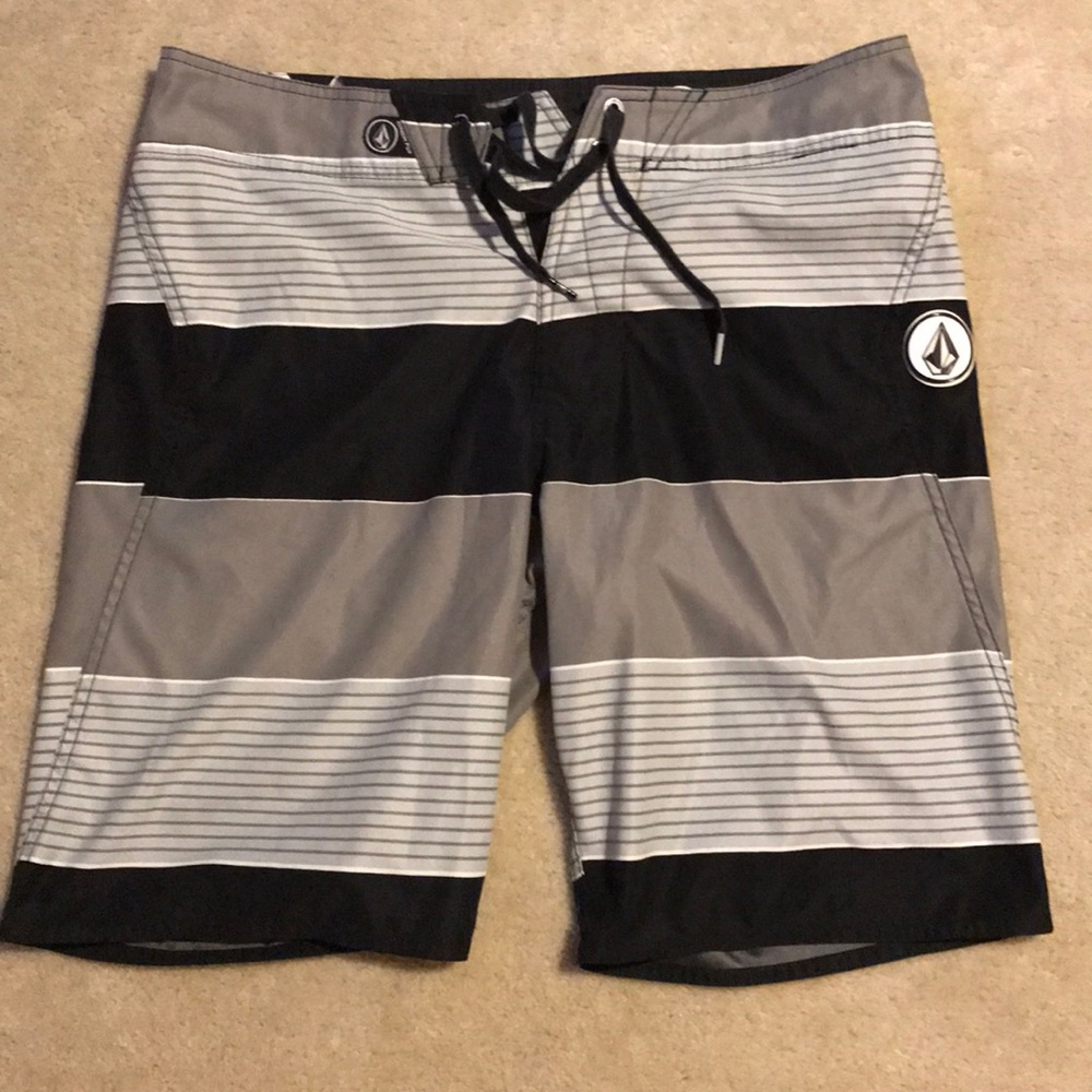 Volcom gray and black striped board shorts